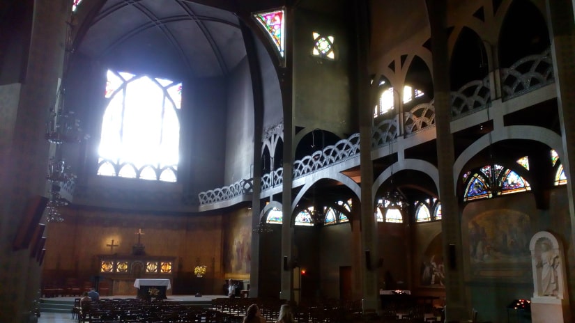 Architectural detail of the interior of St John the Evangelist Church Rue des Abbesses Montmartre. The decoration is inspired by Art Nouveau and features fine supporting concrete arches.