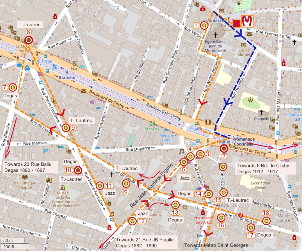 An OpenStreetMap showing the lower Montmartre Pigalle area of Paris. A walking route is shown. It leads to where Toulouse-Lautrec, Degas and Picasso lived and worked. Other sites include where 1920s jazz clubs used to be.