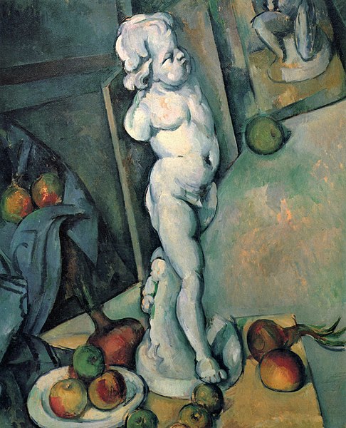 Paul Cézanne’s Still Life With Plaster Cupid. A small statue of Cupid is depicted standing on a table in the artist’s studio. Fruit and onions are arranged at his feet. We see other canvases on one of which we see the feet of another statue. The floor seems tilted and an out of proportion apple is shown in the middle of the composition on the floor. Cézanne is playing with perspective and suggesting the artificiality of painting.