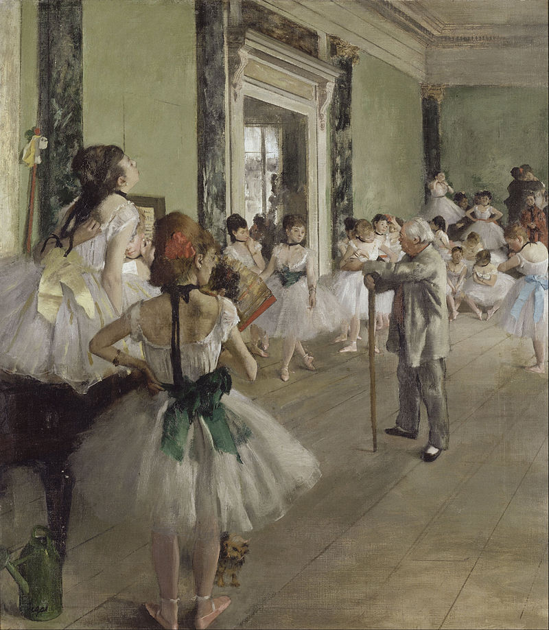 A group of ballerinas in tutus and ribbons are strewn around an elderly dance master with a stick. We see the floorboards and a window in the background. Whilst some ballerinas are practising others appear distracted as they scratch or adjust their costumes.