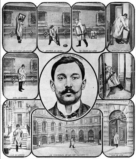 A contemporary artist’s impression postcard showing how Vincenzo Peruggia stole the Mona Lisa from the Louvre in 1911. The series of drawings shows Vincenzo taking the Mona Lisa of its hanging, then hiding it under an overcoat and then walking out of the Louvre. In the centre is a portrait drawing of Vincenzo Peruggia.