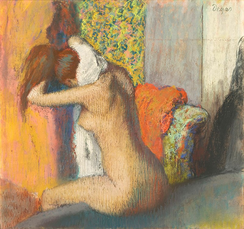 A naked bather is sitting on the edge of her bath and rubbing the back of her neck with a white towel. She has a full well formed physique and long auburn hair. Behind her we see a dressing screen, curtains and an upholstered chair. The painting is executed in pastel.