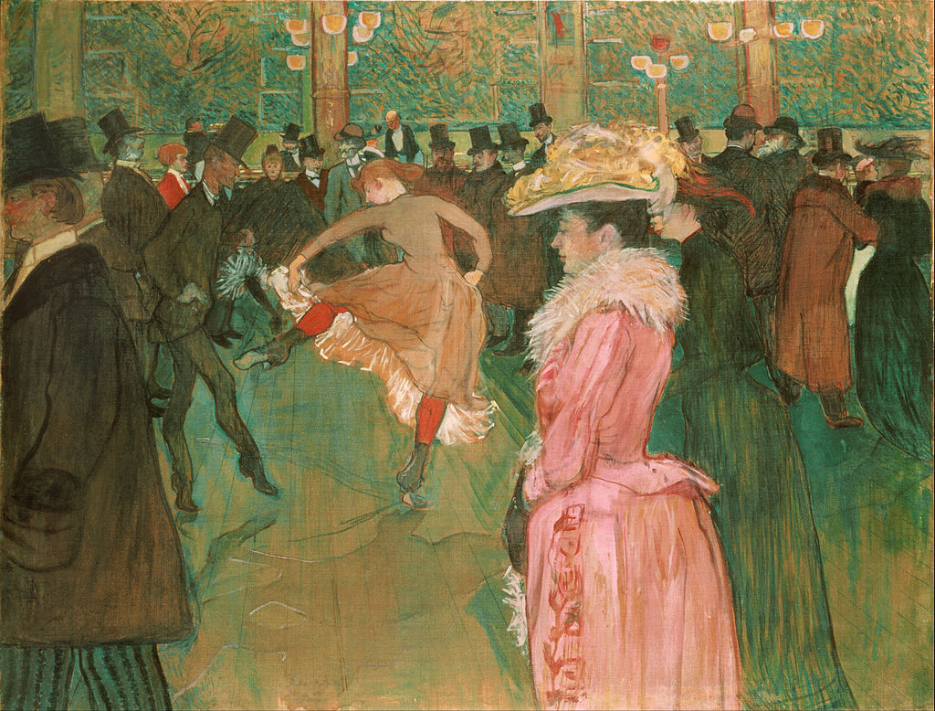 Toulouse-Lautrec’s At The Moulin Rouge: The Dance. The picture is set at the Moulin Rouge. In the middle ground a female dancer is being put through her paces by the star male dancer of the Moulin Rouge, Valentin ‘the boneless’. We see her kicking her leg up. She is observed by two women in the foreground one of which is wearing an elaborate pink dress and hat. In the background many male bourgeois, (because of their top hats and dress), clients are either observing the rehearsal or are socialising at the bar. The floorboards, pillars and windows of the Moulin Rouge are also visible.