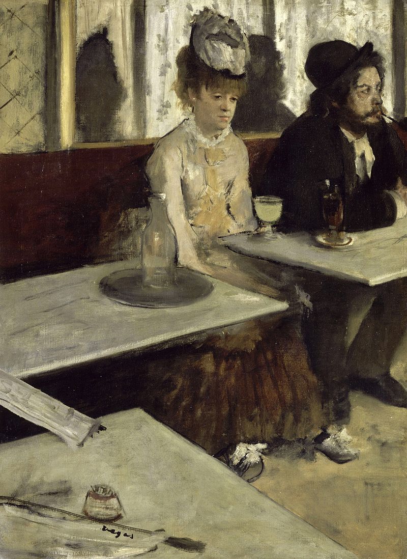Degas: In A Café. A couple painted by Edgar Degas seen in The Nouvelle Athènes (New Athens) café on Place Pigalle Montmartre. The woman has a large glass of absinthe on front of her and stares into space the man puffs on his pipe his attention taken by something out of the frame. Both appear absent, divorced from one and another and lost in thought. The tables hover and their shadows loom behind them reflected in the wall mirrors of the café.