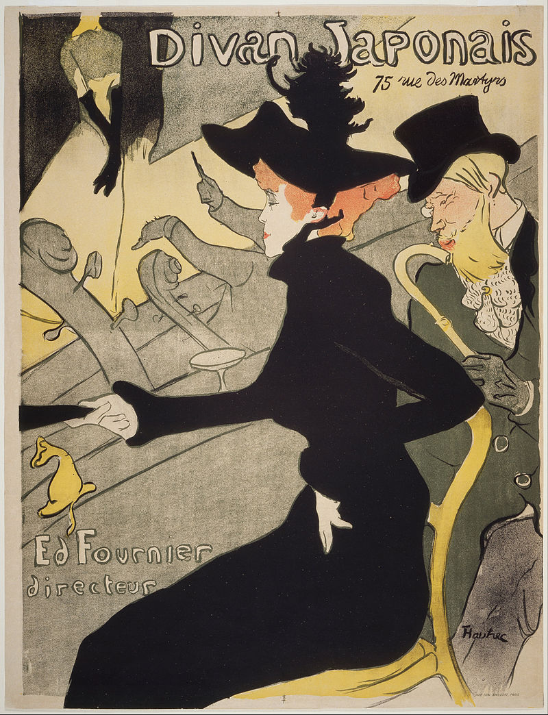 The dancer Jane Avril is seen at the Montmartre venue le Divan Japonais in Toulouse-Lautrec’s poster. She is sitting enjoying a drink whilst behind her a bourgeois man with top hat and cane approaches her. She wears a jet-black dress and hat. Her black clothes throw her red hair into dynamic contrast. Some musicians and musical instruments are suggested in shadow and a cropped performer is seen on stage.