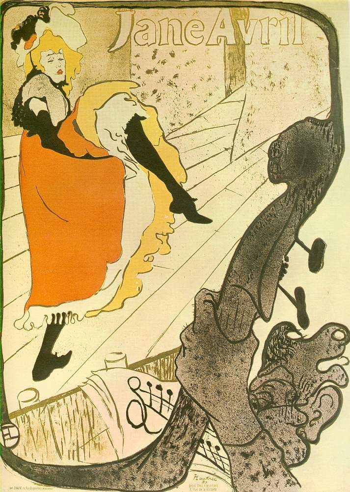 Toulouse-Lautrec’s Jane Avril au Jardin de Paris poster. The dancer Jane Avril is on stage executing a signature energetic high kick. She wears an extravagant hat, an orange dress to match her flaming hair and yellow and white petticoats. She is also dressed in black stockings and long arm gloves. We see the stage floorboards. A musician’s hand is shown in shadow in the foreground gripping the head of a double bass.