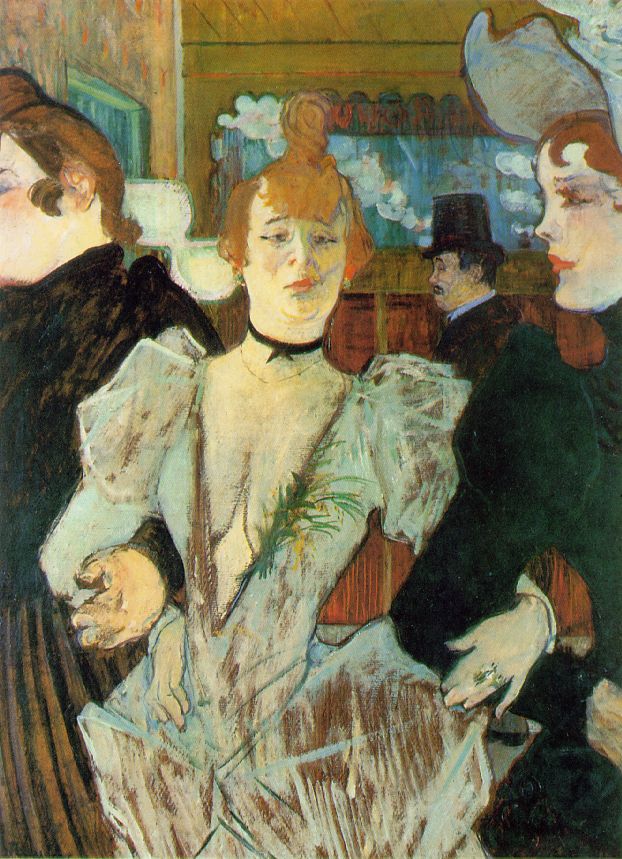Toulouse-Lautrec’s La Goulue entering the Moulin Rouge. We see a worn and jaded Goulue wearing a daringly revealing dress. She links arms with two flanking women: one a corpulent figure to her right who is her sister and a dancer colleague to her left. These two feminine minders are brought to the front of the picture, their proximity to the viewer accentuated by the familiar device of cropping. A bourgeois customer passes in profile in the background.