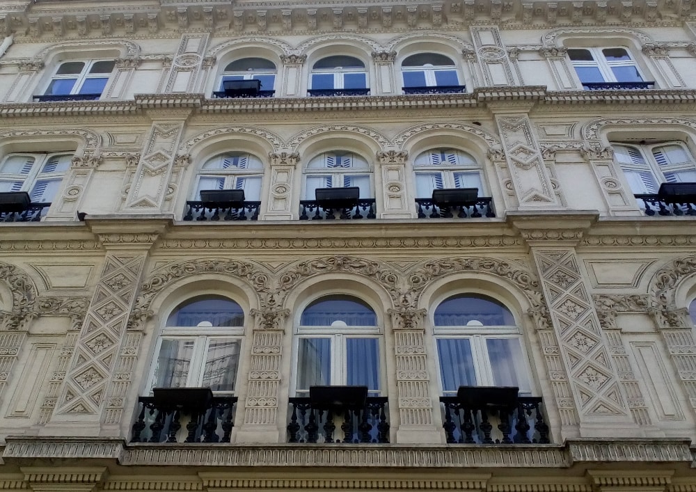 An elaborately decorative facade in the Nouvelle Athènes area of Montmartre Paris. The area was a speculative property development from the post-Napoleonic era of the 1820s.