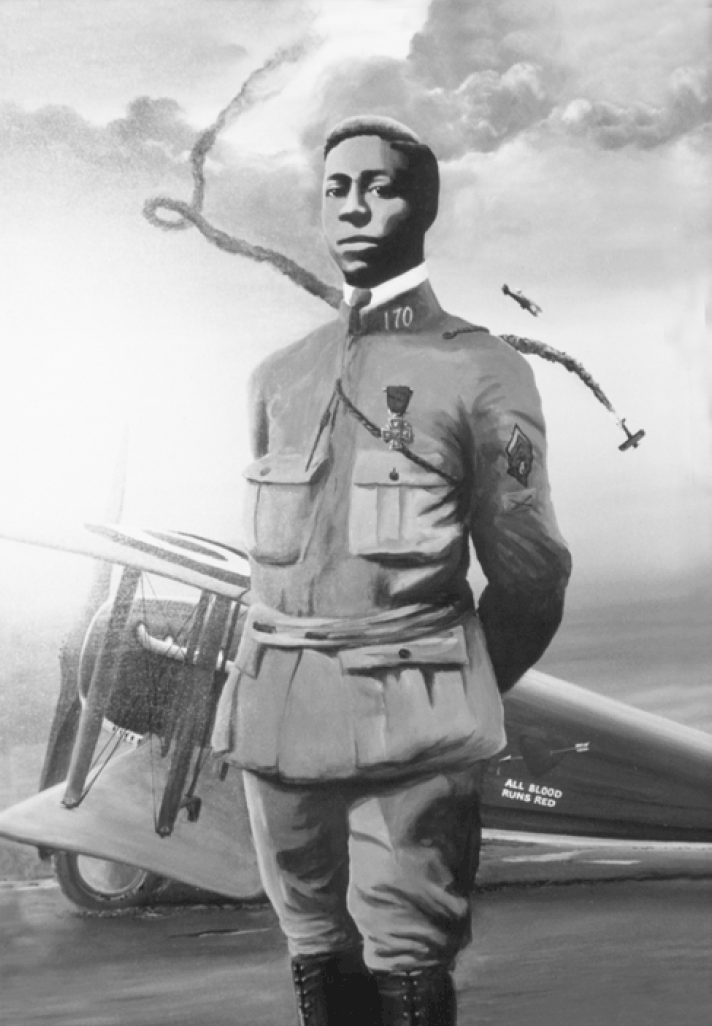 A painting of Eugene Bullard, the first black combat pilot in France. He is shown posing in front of a First World War Combat aircraft. In the background we see two aircraft engaged in aerial combat one of which is plunging to the earth, leaving a trail of black smoke in its wake. Bullard is proudly wearing his Croix de Guerre medal.