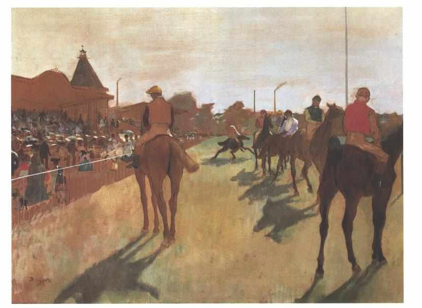 Horses and jockeys line up for a race. It is sunny, the spectators carry parasols, in the distance we see a chimney and smoke.