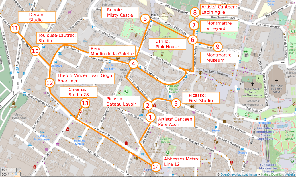 Map of Montmartre for the self-guided walk which guides you to artists’ studios, paintings and canteens. The walk is around the upper Montmartre area including the hill of Montmartre.