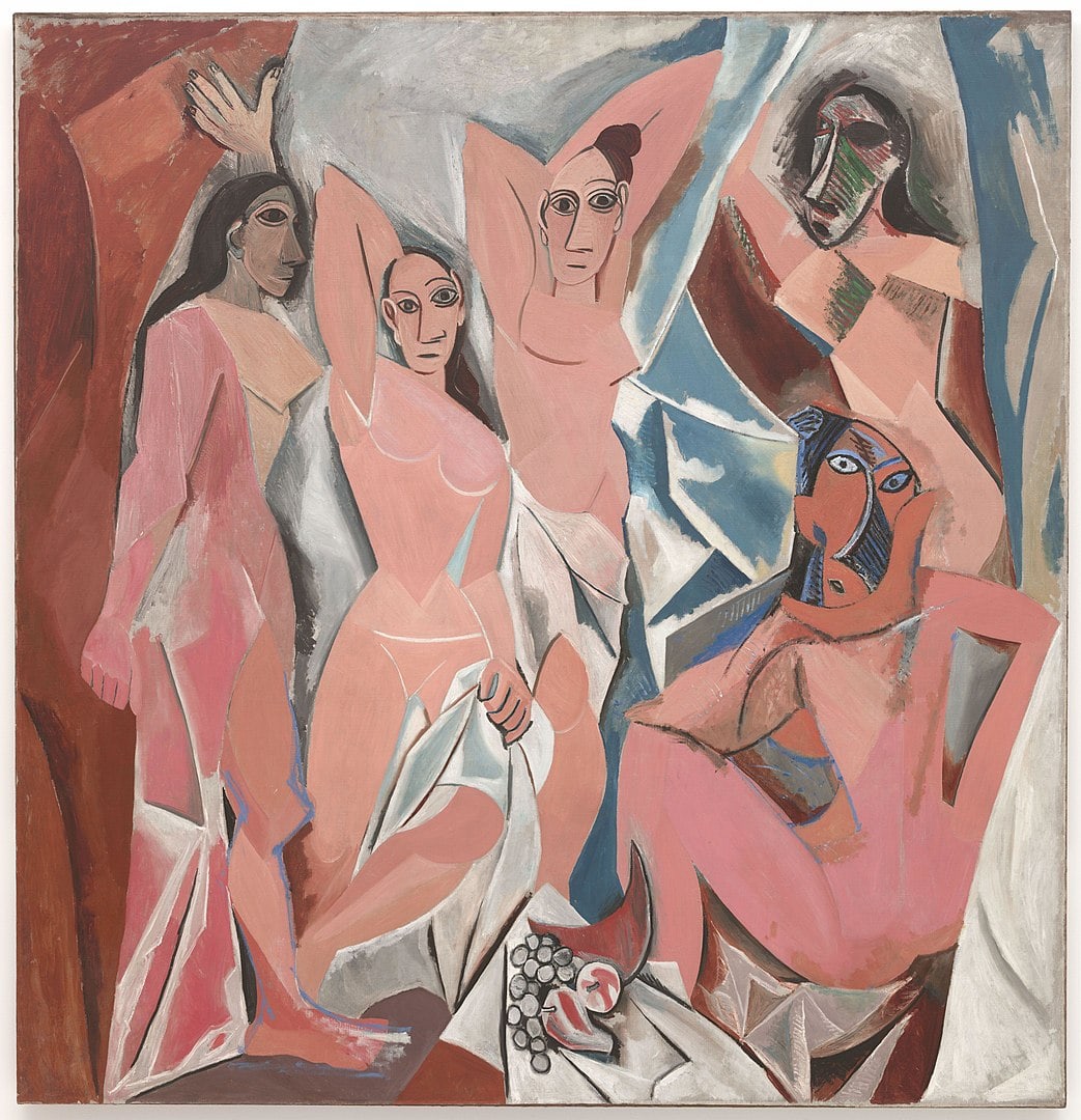 Les Demoiselles d’Avignon (The Young Ladies of Avignon) 1907, by Pablo Picasso. Picasso’s subject is five prostitutes. They pose on front of some curtains. He uses flat angular shapes to indicate the women’s bodies. Two of the figures to the right are portrayed with primitive mask like features and the figure entering from the left has an eye as though seen facing us whilst her head is in fact in profile. There appears to be discord among the girls whilst a mixture of resentment, confrontation and blank resignation are directed towards the viewer by the figures.