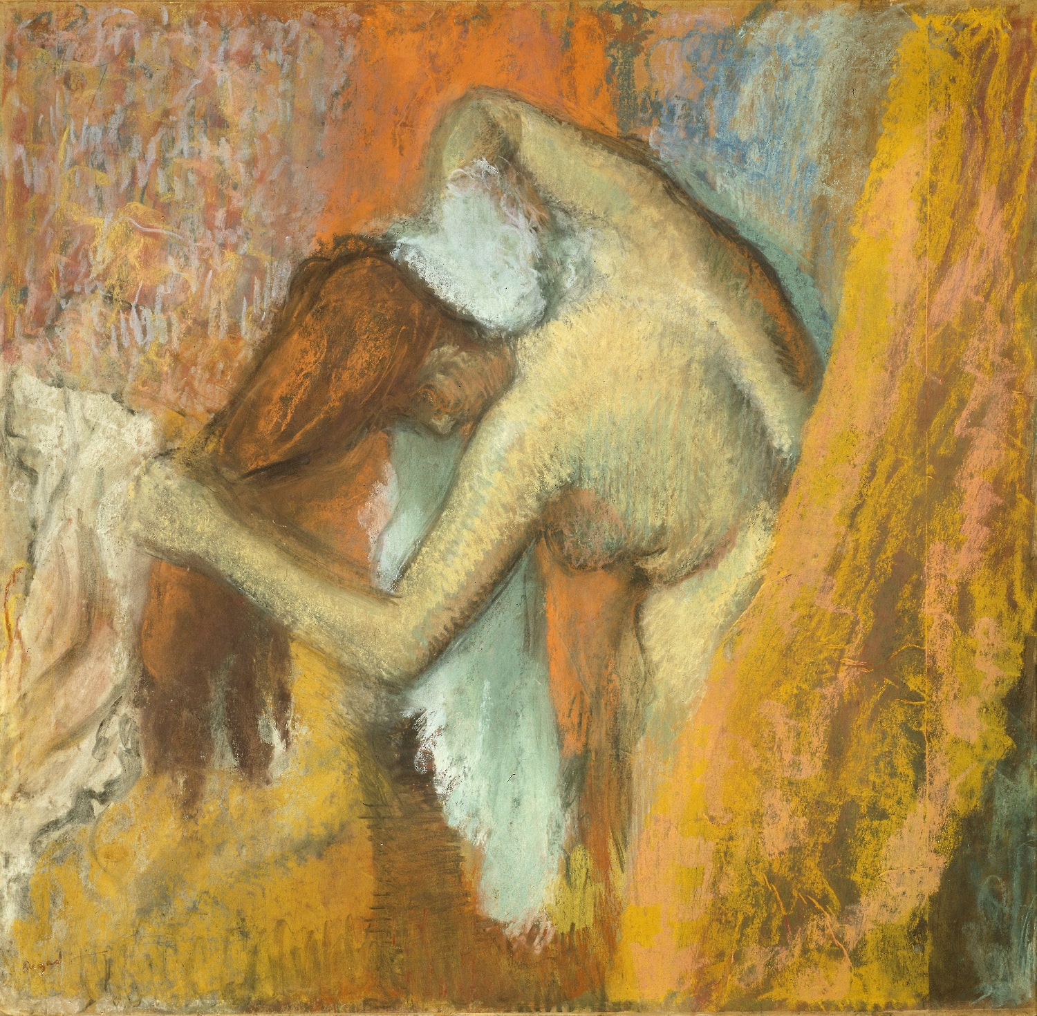 A woman dries herself vigorously. Her towel rubs the back of her neck as she holds her auburn hair free. A curtain, a chair and some wallpaper are seen in the background. Colours express and suggest form rather than accurately portraying it.