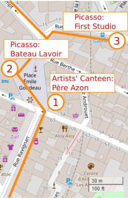 An OpenStreetMap detail of the signed route map from Rue Ravignan to Place Emile Goudeau to Rue Gabrielle in Montmartre. The map shows three points of interest; point 1 Pere Azon/Relais de la Butte, point 2 the Bateau Lavoir artists studios and point 3 Picasso’s first studio in Paris in 1900.
