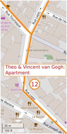 An OpenStreetMap detail of the signed route map showing the route down the lower part of Rue Lepic Paris 75018 approaching point 12 Theo and Vincent van Gogh’s apartment.