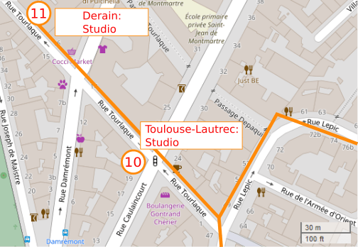An OpenStreetMap detail of the signed route map showing the route down Rue Lepic with the sharp right hand turn into Rue Tourlaque. Toulouse Lautrec’s studio marked as point 10 on the map is situated at 21 Rue Caulaincourt Paris 75018.