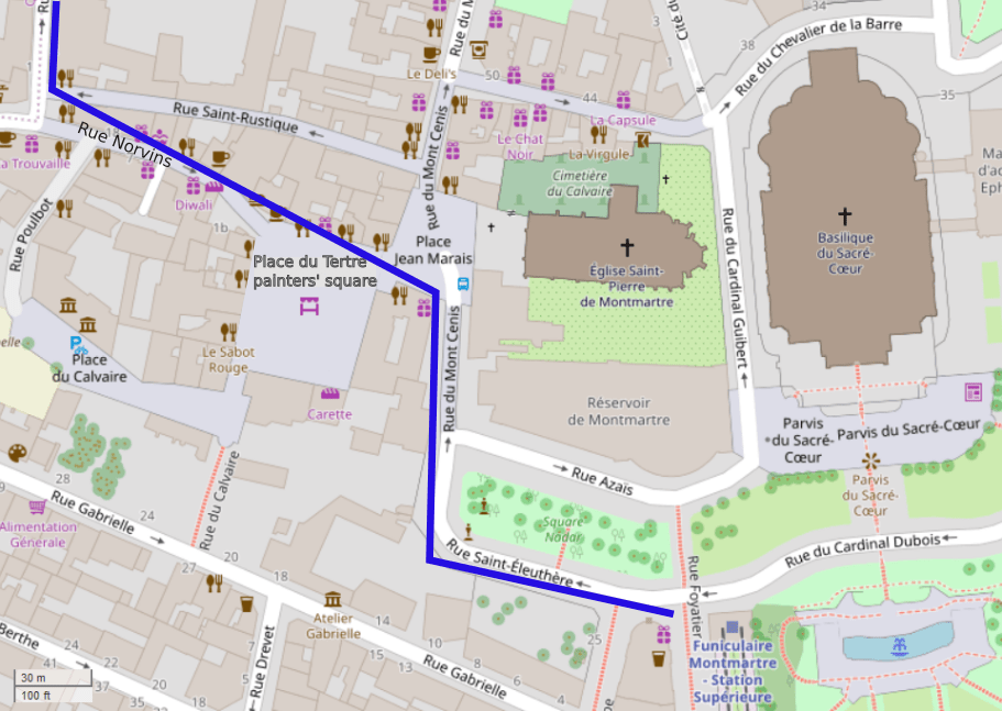 An OpenStreetMap detail of the signed wheelchair route map showing the route from the top of the Montmartre Funicular towards Rue des Saules Montmartre.