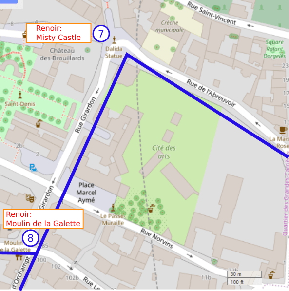 An OpenStreetMap detail of the signed wheelchair route map showing the route from Rue de l’Abreuvoir and the left turn into Rue Girardon Montmartre towards point 8 the Moulin de la Galette Montmartre.