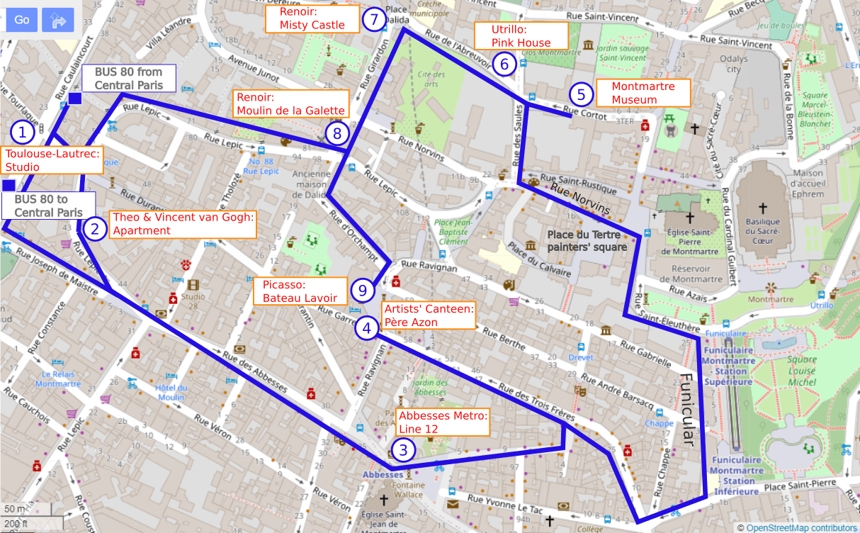 Detailed OpenStreetMap map of the Montmartre area of Paris. The circular route and points of interest of the disabled alternative to the walk In The Footsteps of the Artists are indicated. The walk includes the Bateau Lavoir, the Moulin de la Galette and the Montmartre Museum. The disabled circuit is indicated in blue.
