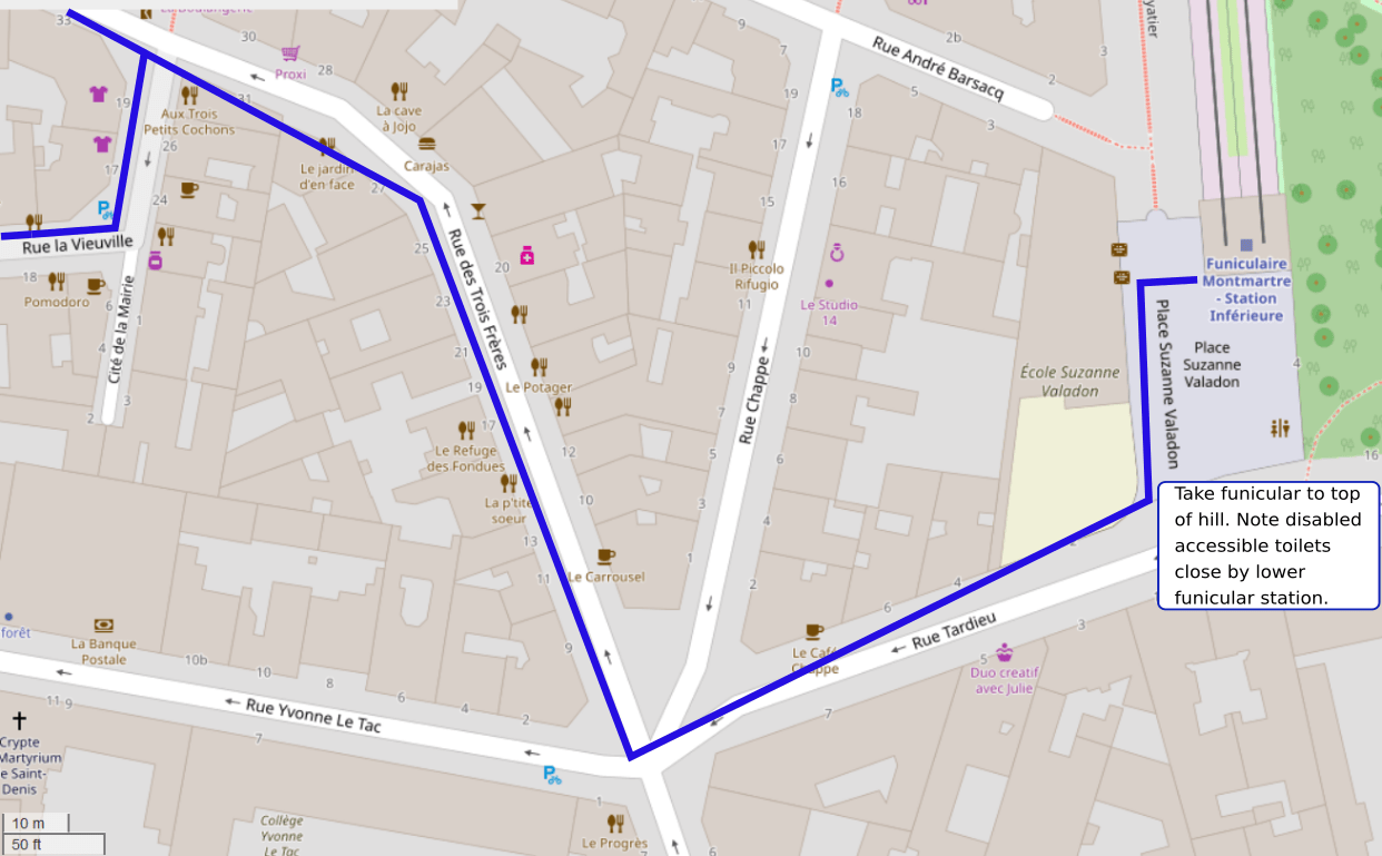 An OpenStreetMap detail of the signed route map showing the route down Rue des Trois Frères and Rue Tardieu Montmartre leading towards the Montmartre funicular railway.