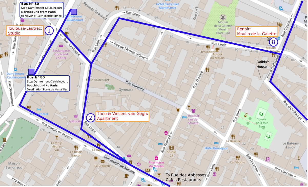 An OpenStreetMap detail of the signed wheelchair route map showing the route from point 8 the Moulin de la Galette to point 3 the metro abbesses via the long slow left hand curve of Rue Lepic Montmartre.