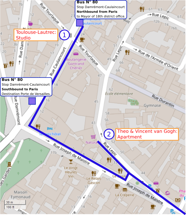 An OpenStreetMap detail of the signed route map showing the route down Rue Caulaincourt Paris 75018 towards Rue Lepic paris 75018. The route also shows the bus stops for the Number 80 bus which is the easiest way for disabled people to access the walk.