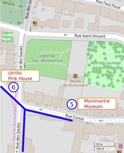 An OpenStreetMap detail of the signed wheelchair route map showing the right turn from the Rue des Saules to Rue Cortot and the Montmartre Museum.