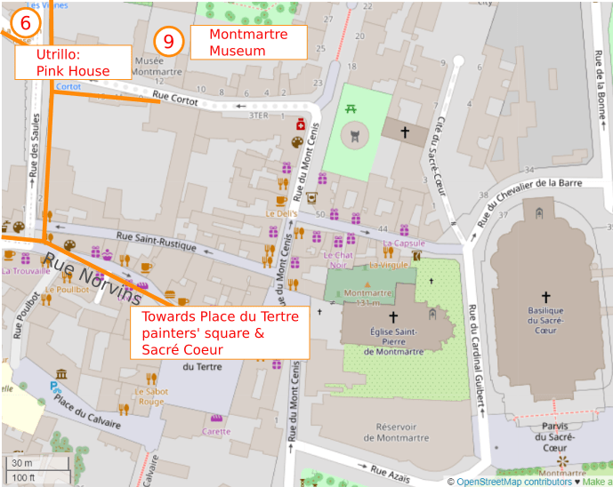 An OpenStreetMap detail of the signed route map from point 9 the Montmartre Museum Rue Cortot to the junction with Rue Norvins. A question mark signifies that the walker may choose to visit the Sacre Coeur and brave the tourist hotspots of Montmartre