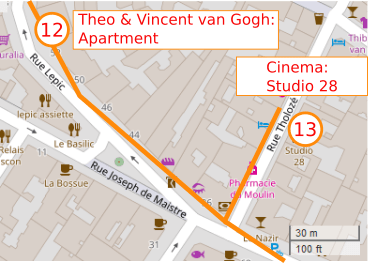 An OpenStreetMap detail of the signed route map showing the route down the lower part of Rue Lepic Paris 75018 from point 12 Theo and Vincent van gogh’s apartment to cinema 28 Rue Tholoze Paris 75018