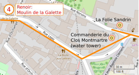 An OpenStreetMap detail of the signed route map showing the Commanderie du Clos Montmartre and the Folie Sandrin opposite. Both buildings are in Rue Norvins Paris 75018