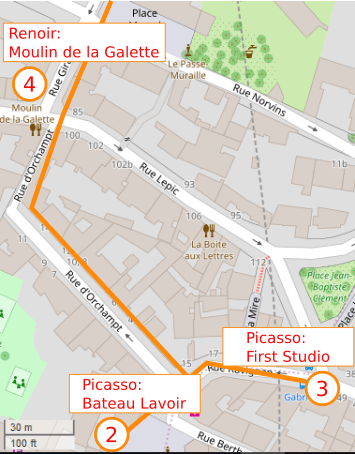 An OpenStreetMap detail of the signed route map from point 3 Rue Gabrielle to point 4 the Moulin de la Galette turning right from Rue Ravignan into Rue d’Orchampt and following this street to the Moulin de la Galette.
