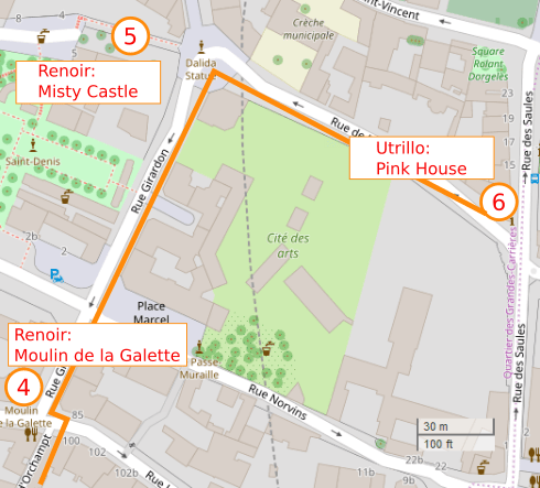 An OpenStreetMap detail of the signed route map from point 4 moulin de la galette rue Lepic Paris 75018 to point 5 chateau des brouillards Alee des brouillards Paris 75018 by Rue Girardon.