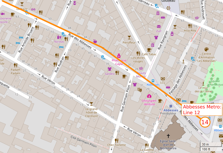 An OpenStreetMap detail of the signed route map showing the route down the lower part of Rue des Abbesses Paris 75018 to the start/finish point of the walk Montmartre artists' studios point 14.