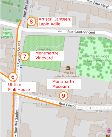 An OpenStreetMap detail of the signed route map from point 6 the Maison Rose (Pink House), point 7 the Clos Montmartre (Montmartre Vineyard), point 8 the Lapin agile, point 9 the Montmartre Museum.