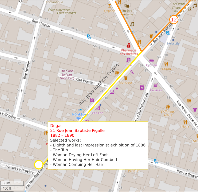 An OpenStreetMap detail showing the route to 21 Rue Jean-Baptiste Pigalle from point 12, 52 Rue Jean-Baptiste Pigalle. Edgar Degas lived and worked here from 1882 – 1890.