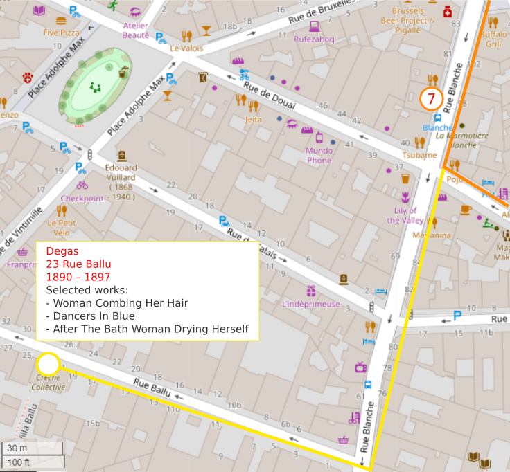 An OpenStreetMap detail showing the route to 21 Rue Jean-Baptiste Pigalle from point 12, 52 Rue Jean-Baptiste Pigalle. Edgar Degas lived and worked here from 1882 – 1890.