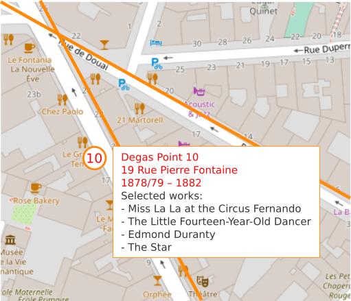 An OpenStreetMap detail showing the route to point 10, 19 Rue Pierre Fontaine Paris 75009. Edgar Degas lived and worked here from 1878/79 – 1882. 