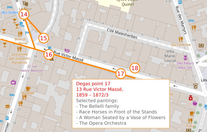 An OpenStreetMap detail showing the route to point 17, 13 Rue Victor Masse, Edgar Degas lived and worked here from 1859 – 1872/73.