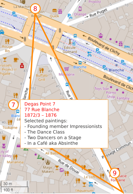 An OpenStreetMap detail showing the route to point 7, 77 Rue Blanche Paris 75009. Edgar Degas lived and worked here from 1872/3 – 1876.